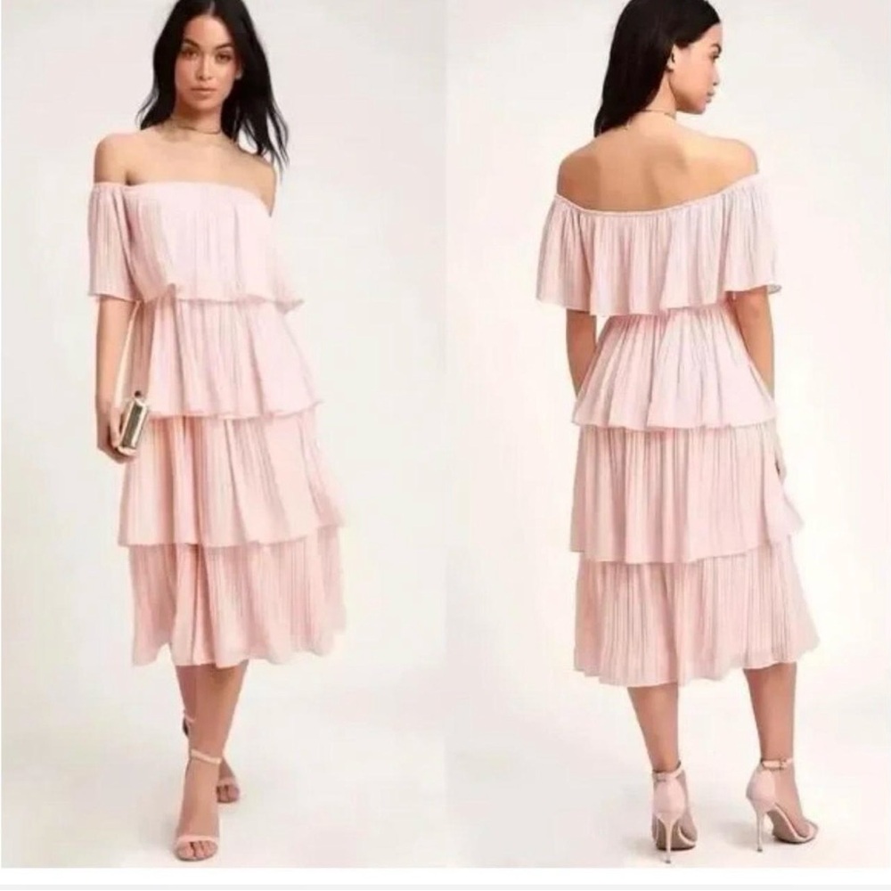 Premier Blush Off-Shoulder Tiered Midi Dress